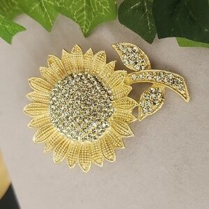 Gold Sunflower Brooch Pin with Clear CZ Stones